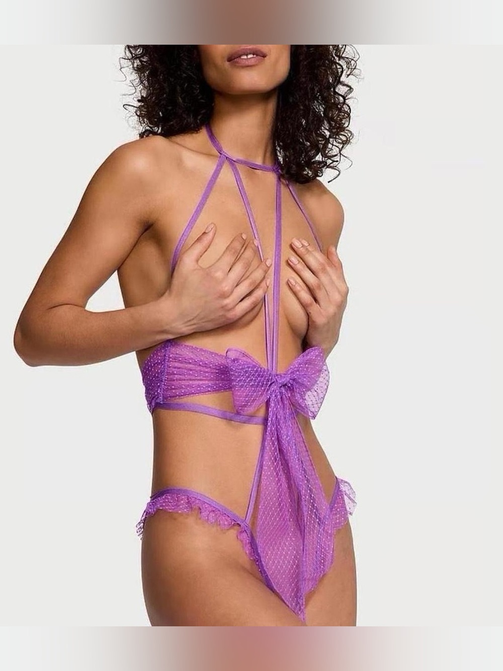 Victoria's Secret | Women's Bow Mesh Open-Cup Crotchless Playsuit Size Large NWT